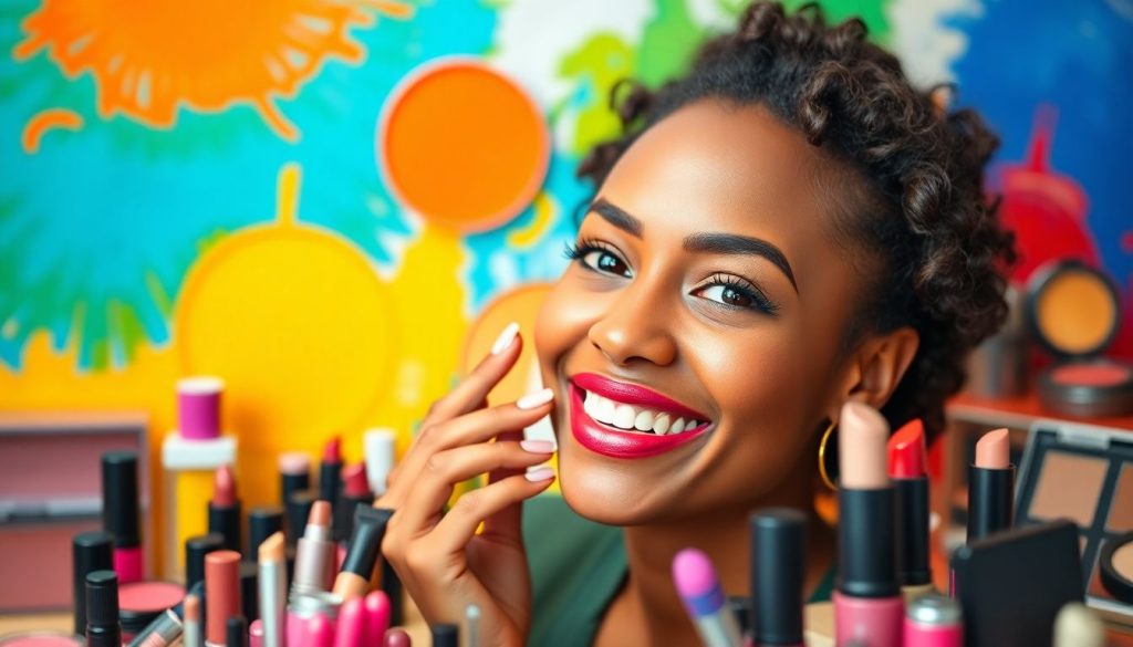 Femme qui essaie plusieurs couleur de maquillage