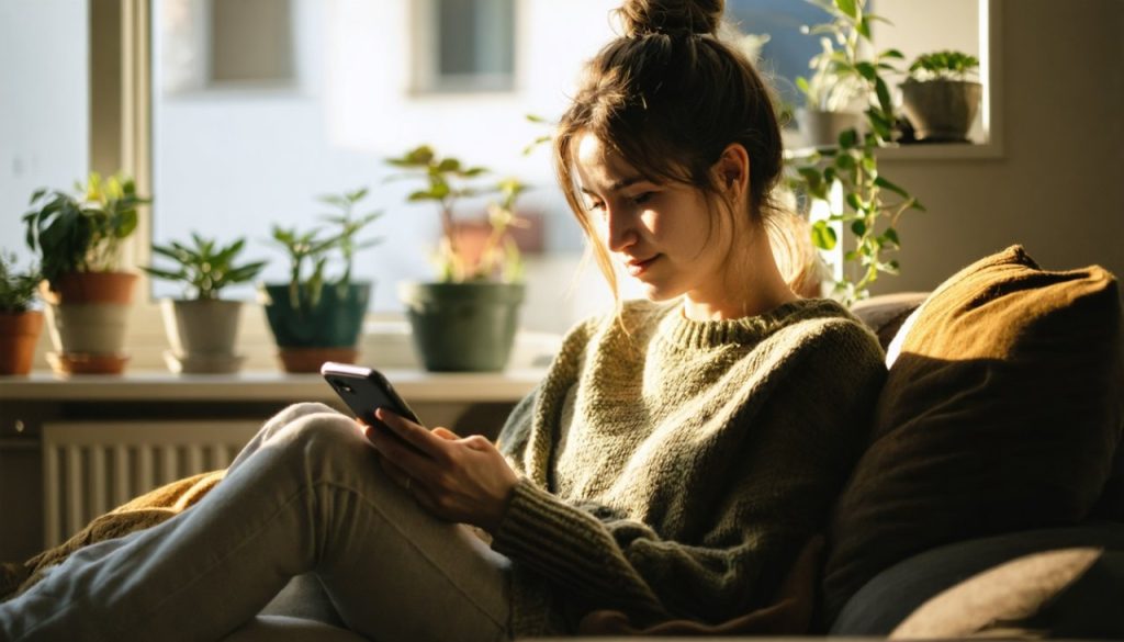 Femme qui lis un article sur telephone