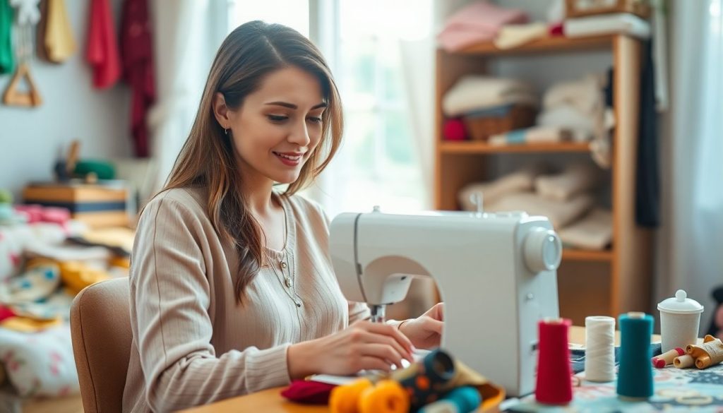 jolie Femme entrain de courdre chez elle