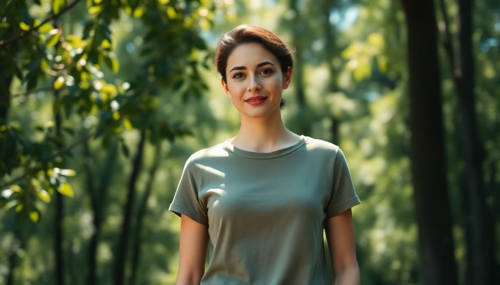 femme avec un t-shirt en fibre d'eucalyptus