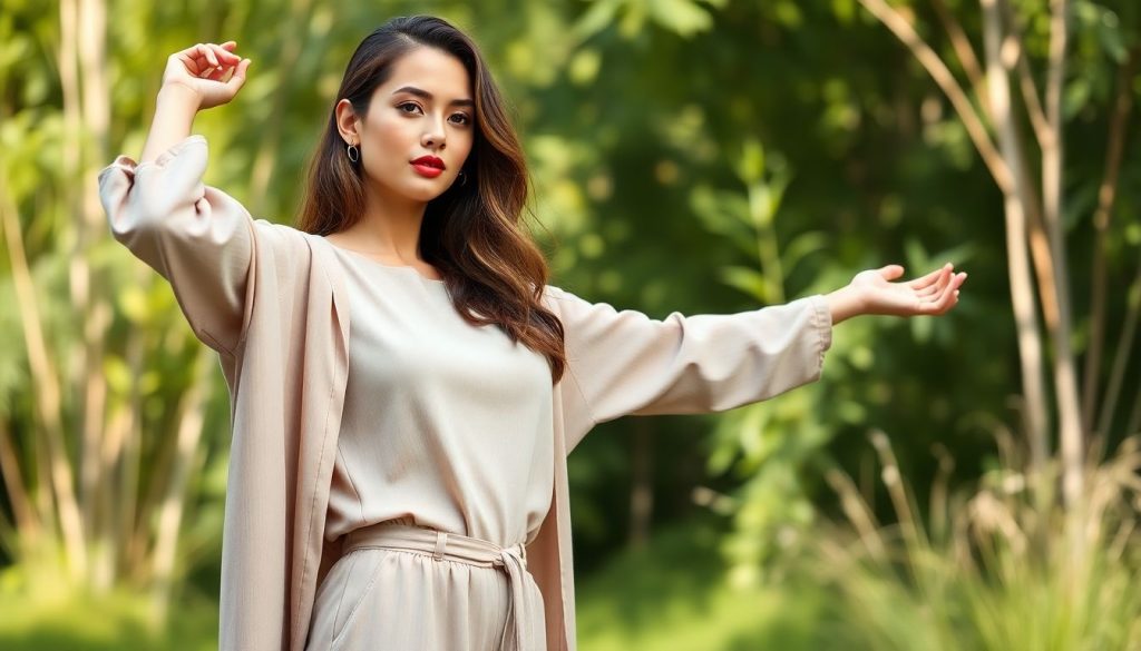 une femme porte des vêtements en fibre de bamabou